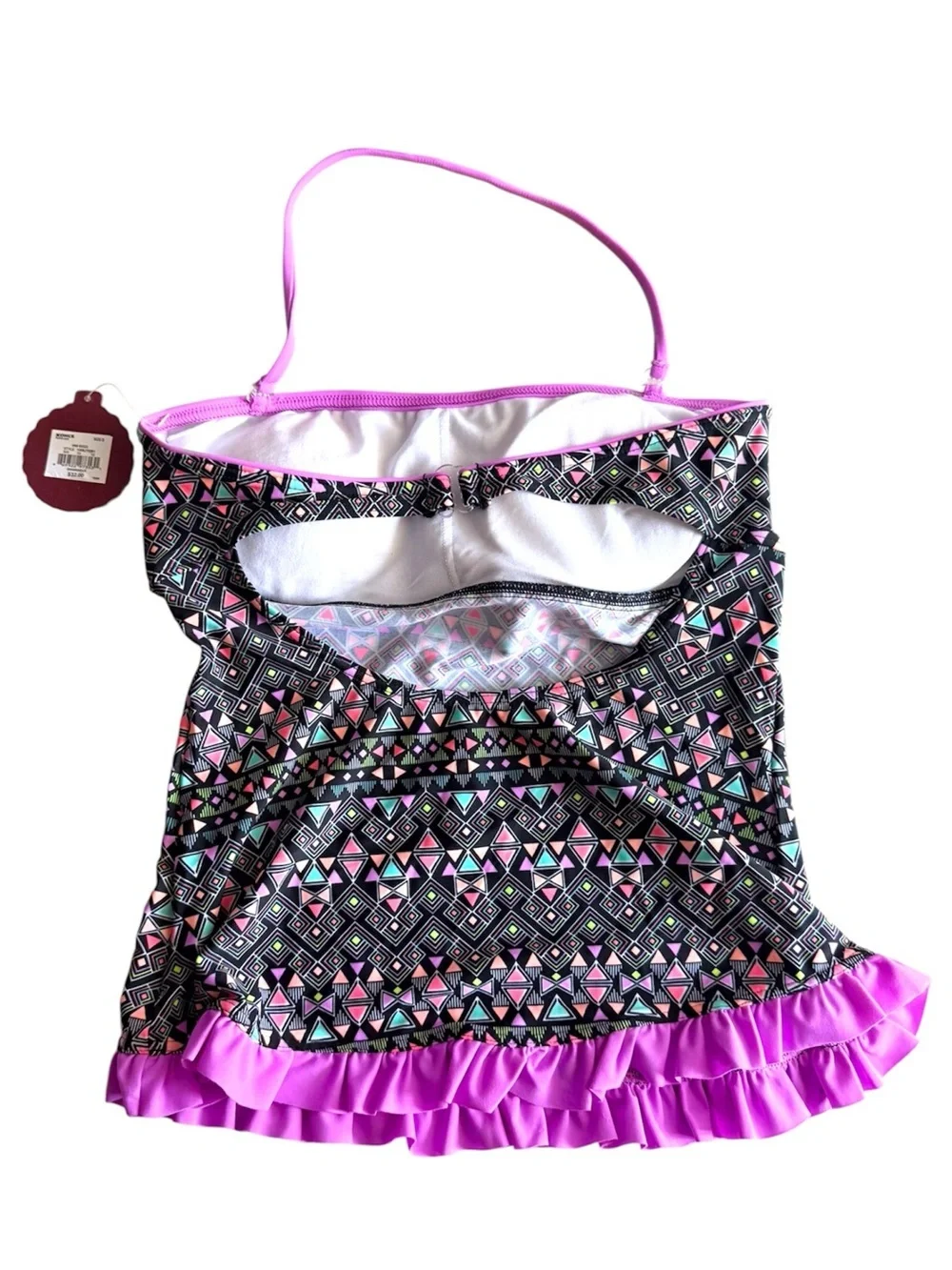 SO Girls Black Geometric Pink Accent Tankini Top. Size S